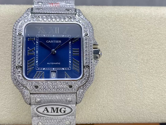 Santos De Cartier Diamond Watches quadrante blu and Argento 1:1 edizione migliore AMG Fabbrica Swarovski Stone