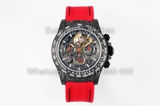 Rolex Daytona scheletrato quadrante Diw Custom NTPT Carbonio Cassa 1:1 Best Clone Red Velcro cinturino
