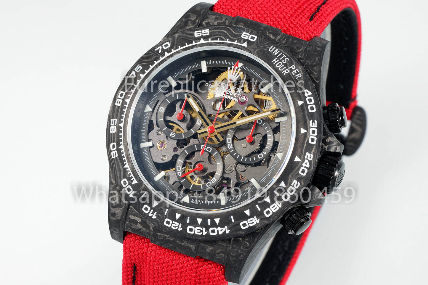 Rolex Daytona scheletrato quadrante Diw Custom NTPT Carbonio Cassa 1:1 Best Clone Red Velcro cinturino