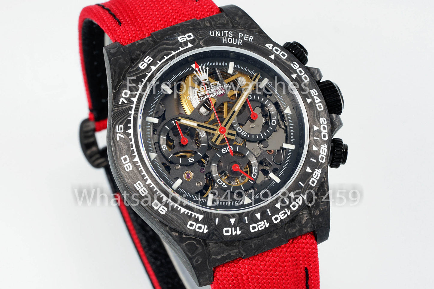 Rolex Daytona scheletrato quadrante Diw Custom NTPT Carbonio Cassa 1:1 Best Clone Red Velcro cinturino