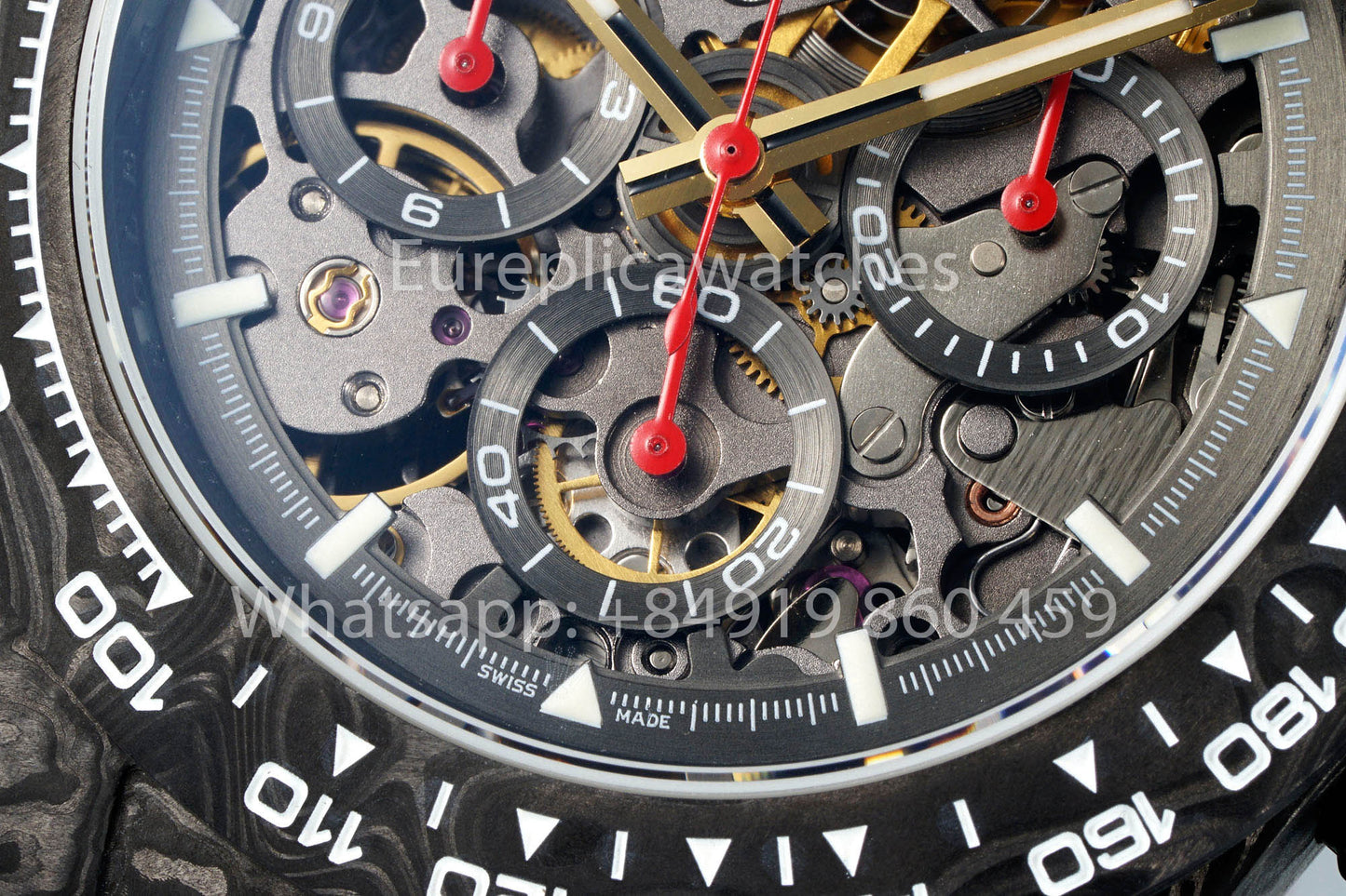 Rolex Daytona scheletrato quadrante Diw Custom NTPT Carbonio Cassa 1:1 Best Clone Red Velcro cinturino
