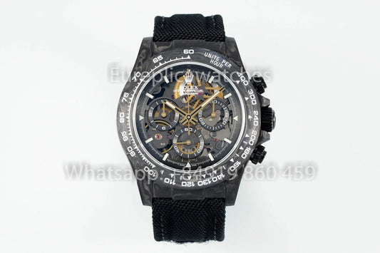 Rolex Daytona scheletrato quadrante Diw Custom NTPT Carbonio Cassa 1:1 Best Clone Nero Velcro cinturino