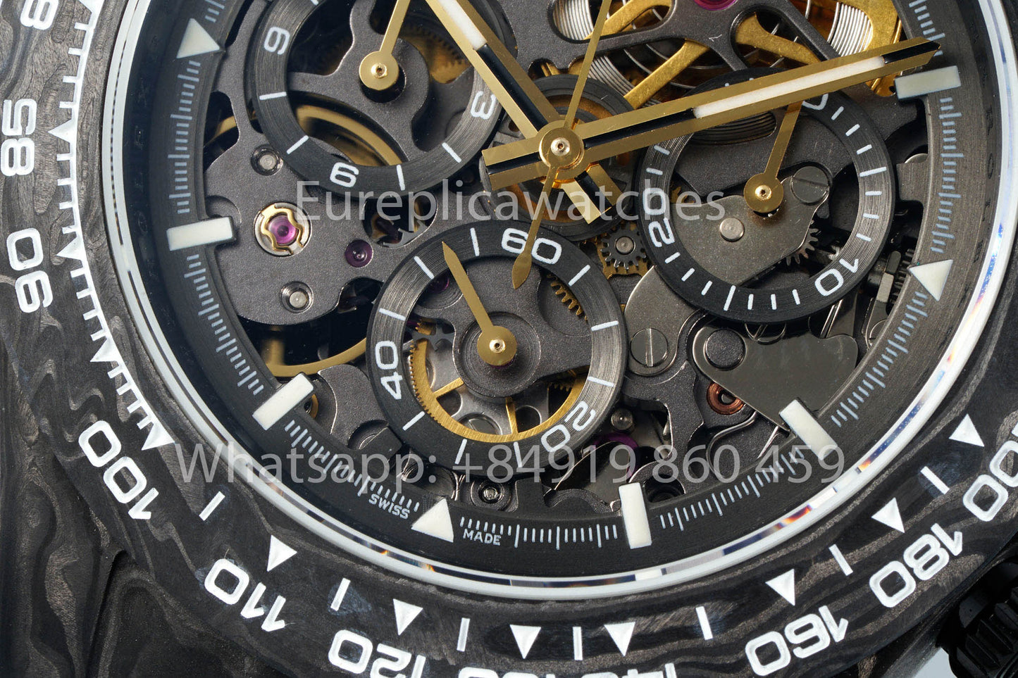 Rolex Daytona scheletrato quadrante Diw Custom NTPT Carbonio Cassa 1:1 Best Clone Nero Velcro cinturino