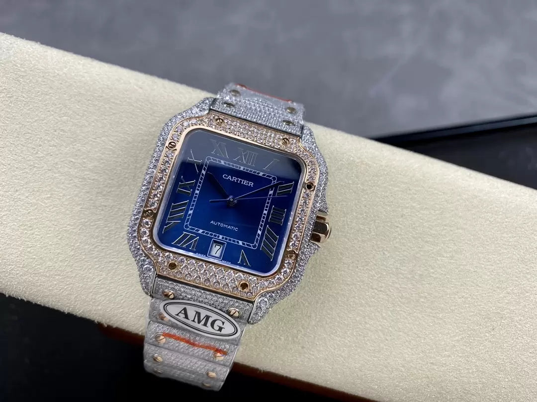 Santos De Cartier Diamond Watches quadrante blu 1:1 edizione migliore AMG Fabbrica Swarovski Stone