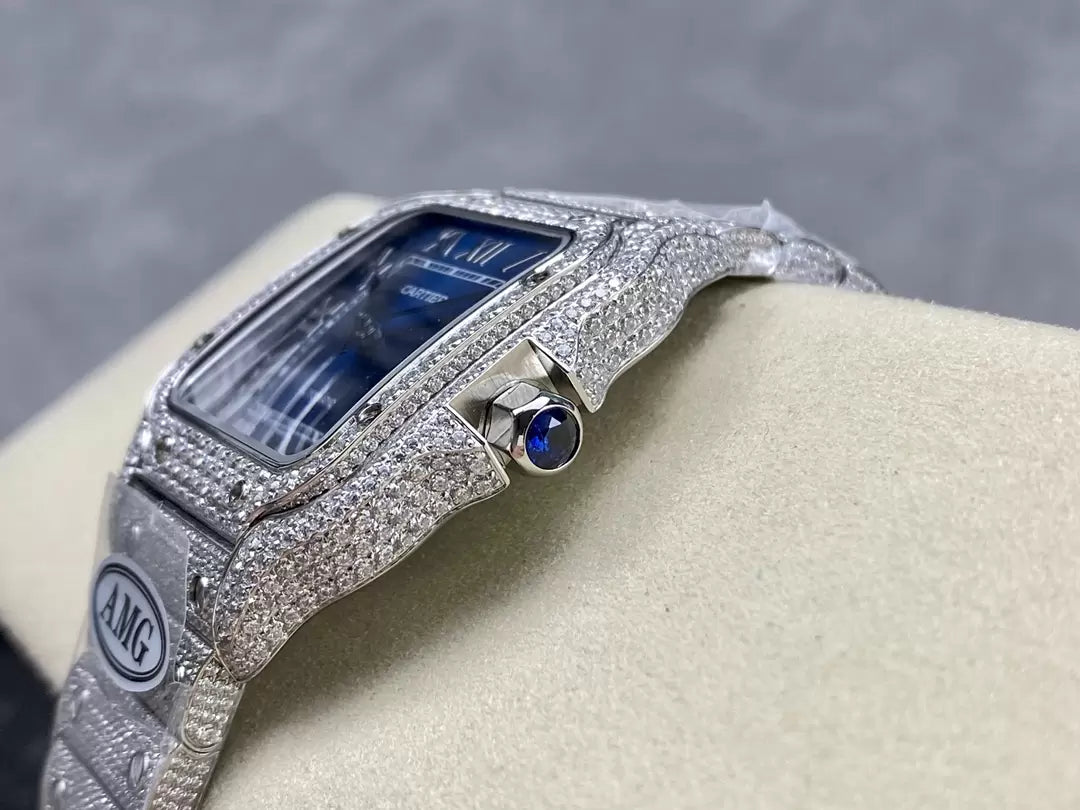 Santos De Cartier Diamond Watches quadrante blu and Argento 1:1 edizione migliore AMG Fabbrica Swarovski Stone