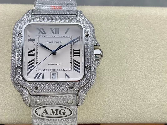 Santos De Cartier Diamond Watches quadrante bianco and Argento 1:1 edizione migliore AMG Fabbrica Swarovski Stone