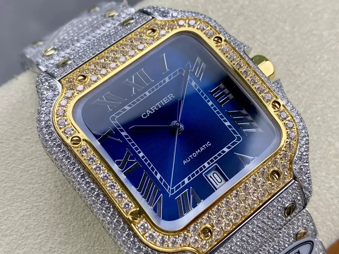 Santos De Cartier Diamond Watches quadrante azul e Oro 1:1 edizione migliore AMG Fabbrica Swarovski Stone