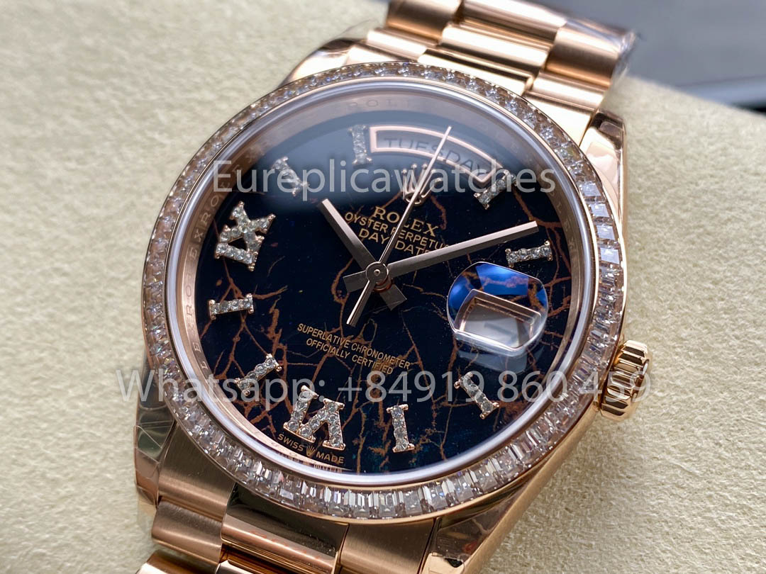 Rolex Day Date M128345RBR-0044 Baguette lunetta 1:1 Melhor Clone 8+ Fabbrica Contrapeso Versão