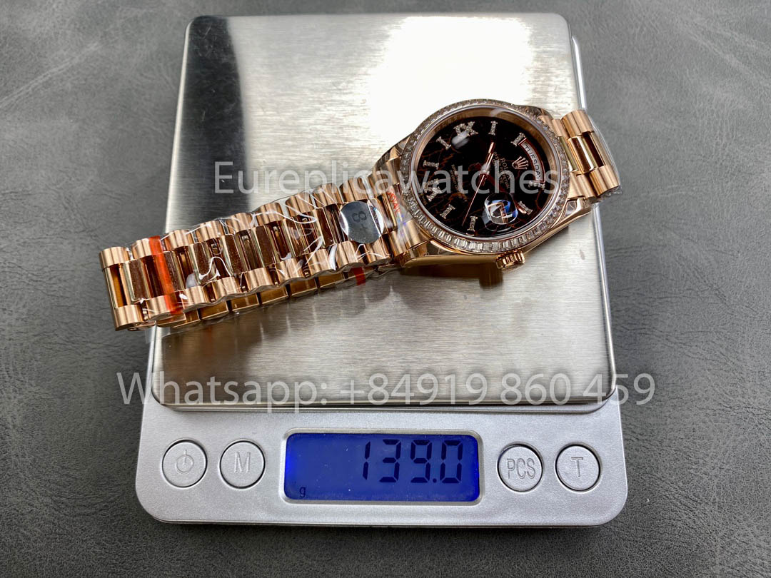 Rolex Day Date M128345RBR-0044 Baguette lunetta 1:1 Melhor Clone 8+ Fabbrica Contrapeso Versão