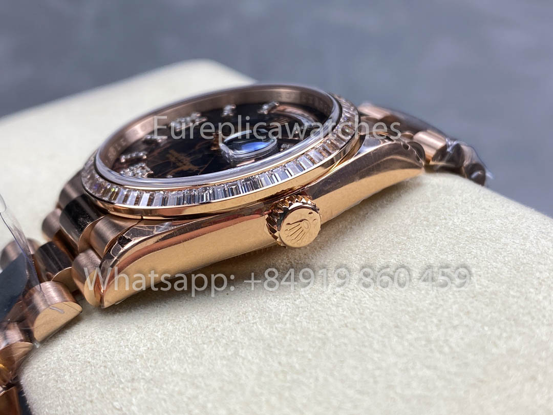 Rolex Day Date M128345RBR-0044 Baguette lunetta 1:1 Melhor Clone 8+ Fabbrica Contrapeso Versão