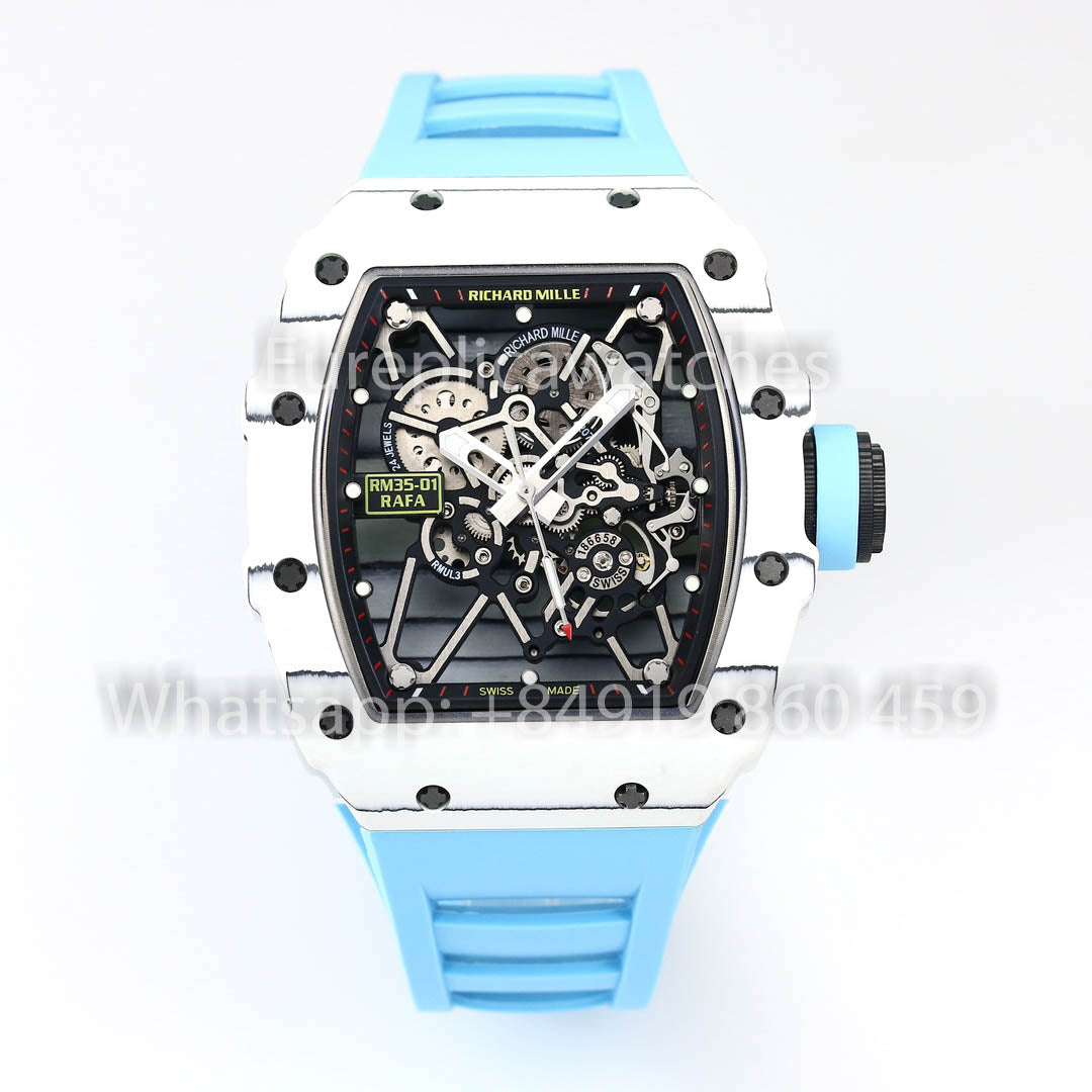 Richard Mille RM35-01 Bianco Carbonio 1:1 Best Clone BBR Fabbrica V2 Blu Gomma cinturino