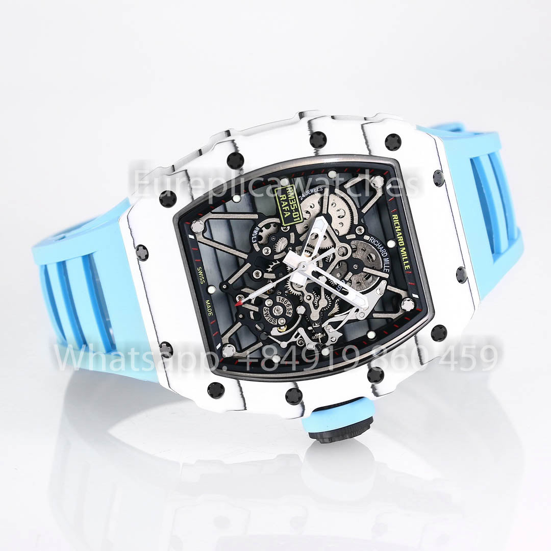 Richard Mille RM35-01 Bianco Carbonio 1:1 Best Clone BBR Fabbrica V2 Blu Gomma cinturino