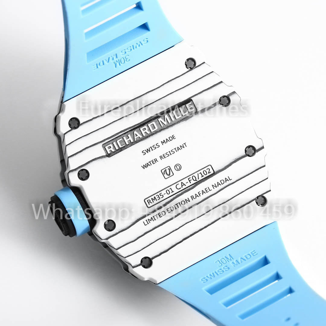 Richard Mille RM35-01 Bianco Carbonio 1:1 Best Clone BBR Fabbrica V2 Blu Gomma cinturino