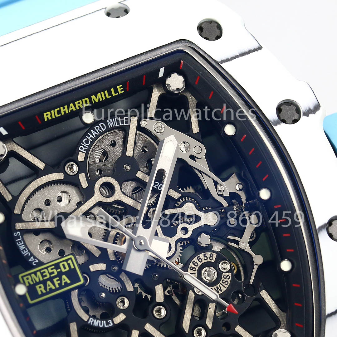 Richard Mille RM35-01 Bianco Carbonio 1:1 Best Clone BBR Fabbrica V2 Blu Gomma cinturino