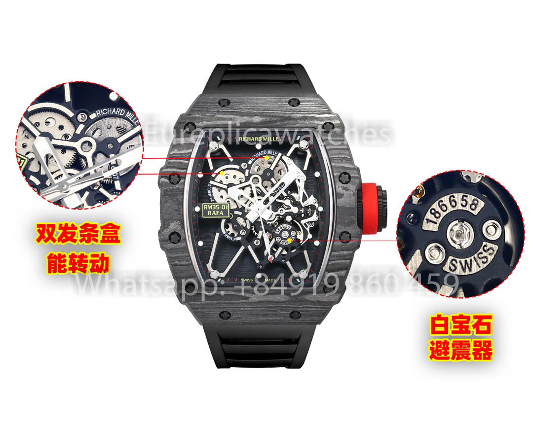 Richard Mille RM35-01 NTPT Carbonio Cassa 1:1 Best Clone BBR Fabbrica V2 Nero Gomma cinturino