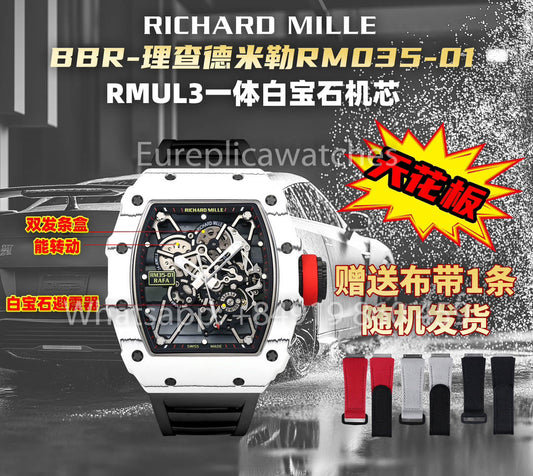 Richard Mille RM35-01 Bianco Carbonio Cassa 1:1 Mejor clon BBR Fabbrica V2 Nero Gomma cinturino