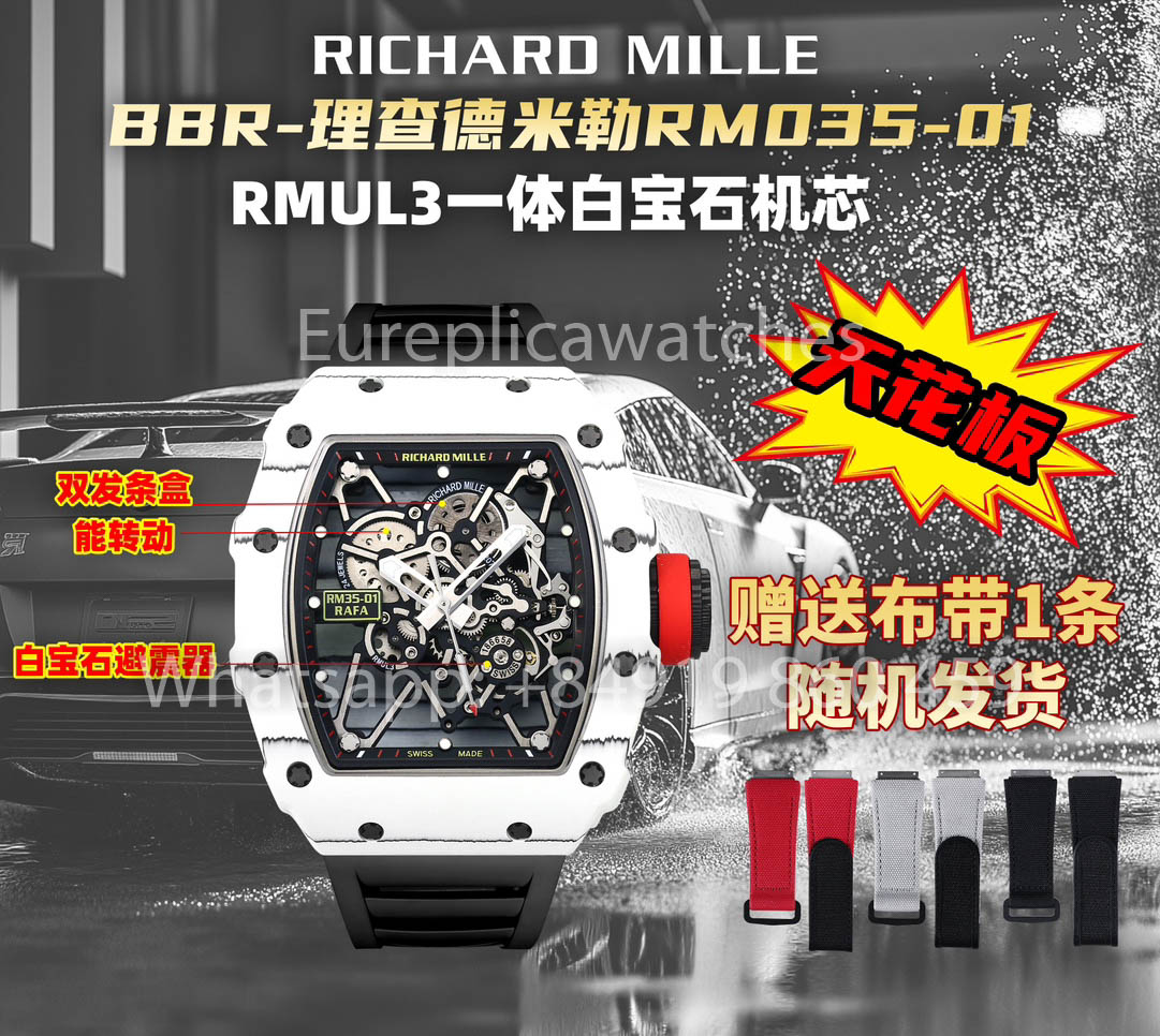 Richard Mille RM35-01 Bianco Carbonio Cassa 1:1 Mejor clon BBR Fabbrica V2 Nero Gomma cinturino