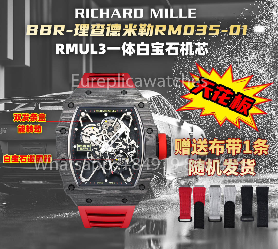 Richard Mille RM35-01 NTPT Carbonio 1:1 Best Clone BBR Fabbrica V2 Red Gomma cinturino