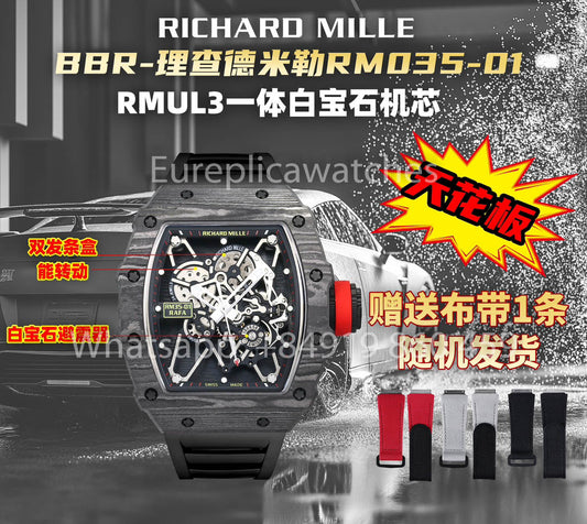 Richard Mille RM35-01 NTPT Carbonio Cassa 1:1 Best Clone BBR Fabbrica V2 Nero Gomma cinturino