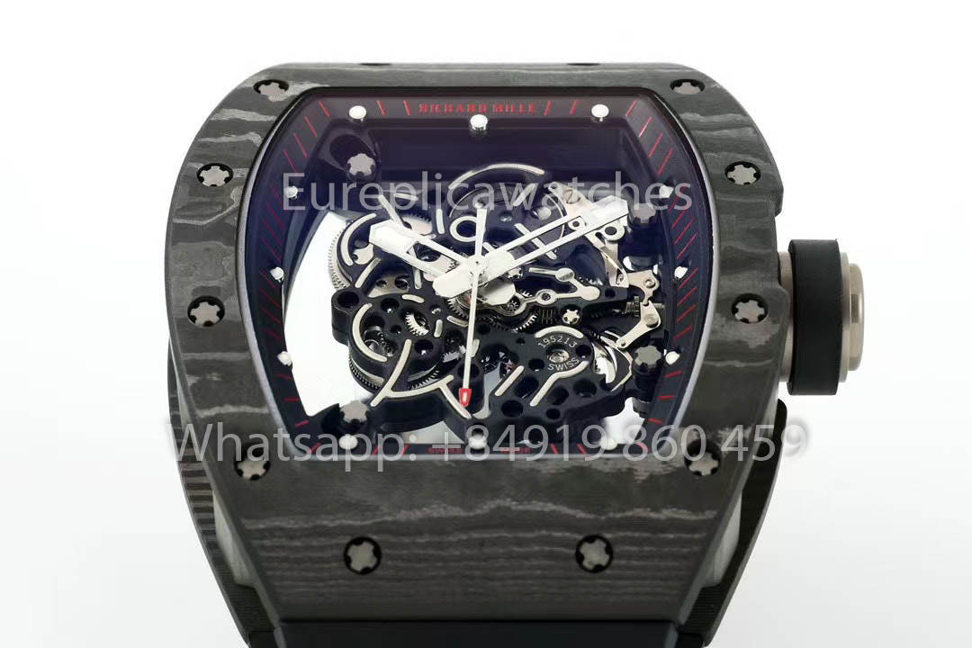 RICHARD MILLE  RM055  fibra di carbonio Cassa 1:1 Best Clone APS Fabbrica Nero Gomma cinturino