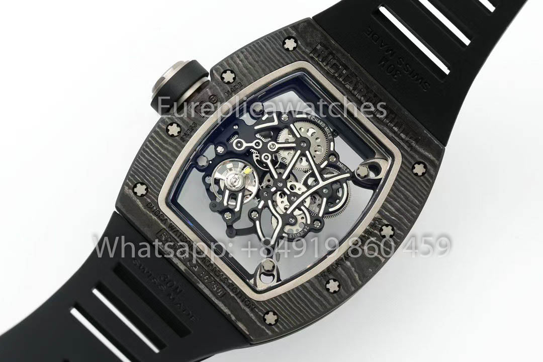 RICHARD MILLE  RM055  fibra di carbonio Cassa 1:1 Best Clone APS Fabbrica Nero Gomma cinturino