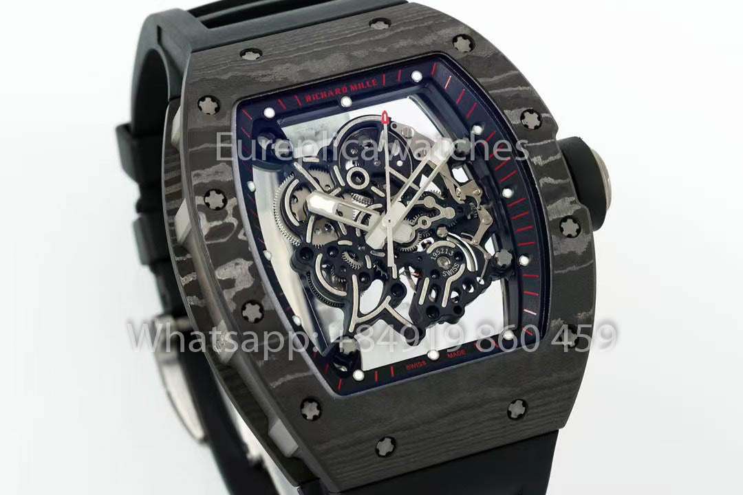 RICHARD MILLE  RM055  fibra di carbonio Cassa 1:1 Best Clone APS Fabbrica Nero Gomma cinturino