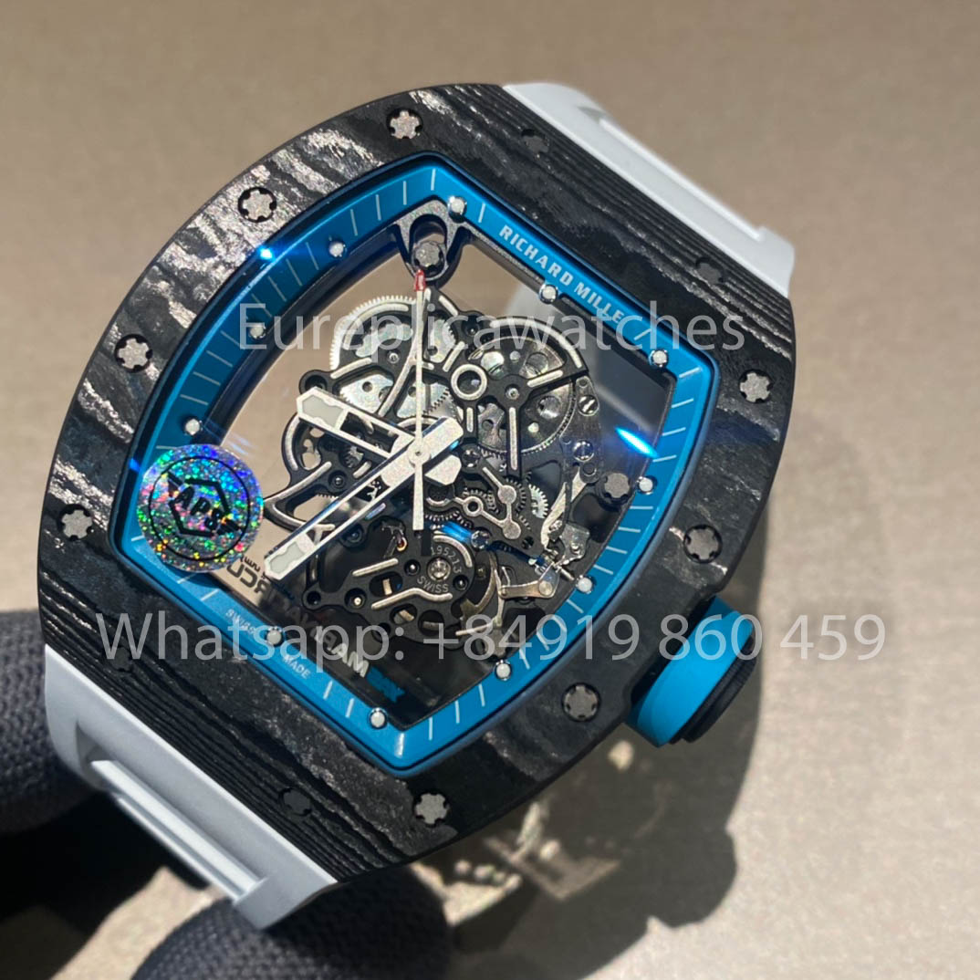 RICHARD MILLE RM055 fibra di carbonio Cassa 1:1 Best Clone APS Fabbrica quadrante blu Bianco cinturino