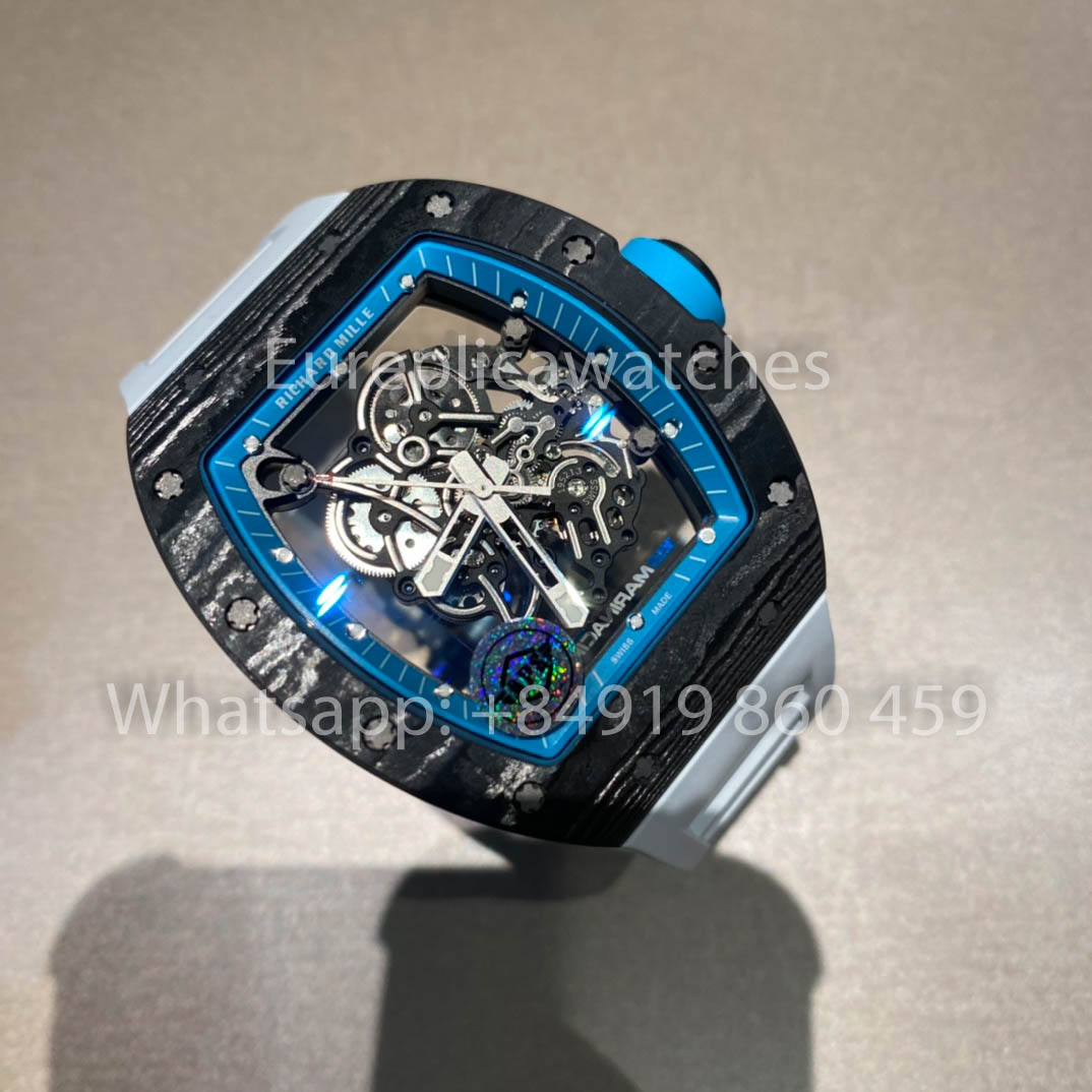 RICHARD MILLE RM055 fibra di carbonio Cassa 1:1 Best Clone APS Fabbrica quadrante blu Bianco cinturino