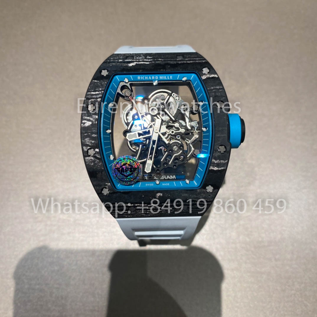 RICHARD MILLE RM055 fibra di carbonio Cassa 1:1 Best Clone APS Fabbrica quadrante blu Bianco cinturino