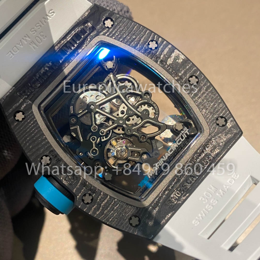 RICHARD MILLE RM055 fibra di carbonio Cassa 1:1 Best Clone APS Fabbrica quadrante blu Bianco cinturino