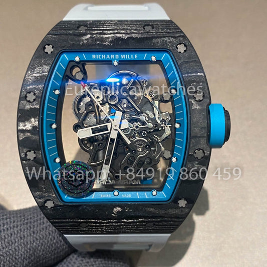 RICHARD MILLE RM055 fibra di carbonio Cassa 1:1 Best Clone APS Fabbrica quadrante blu Bianco cinturino