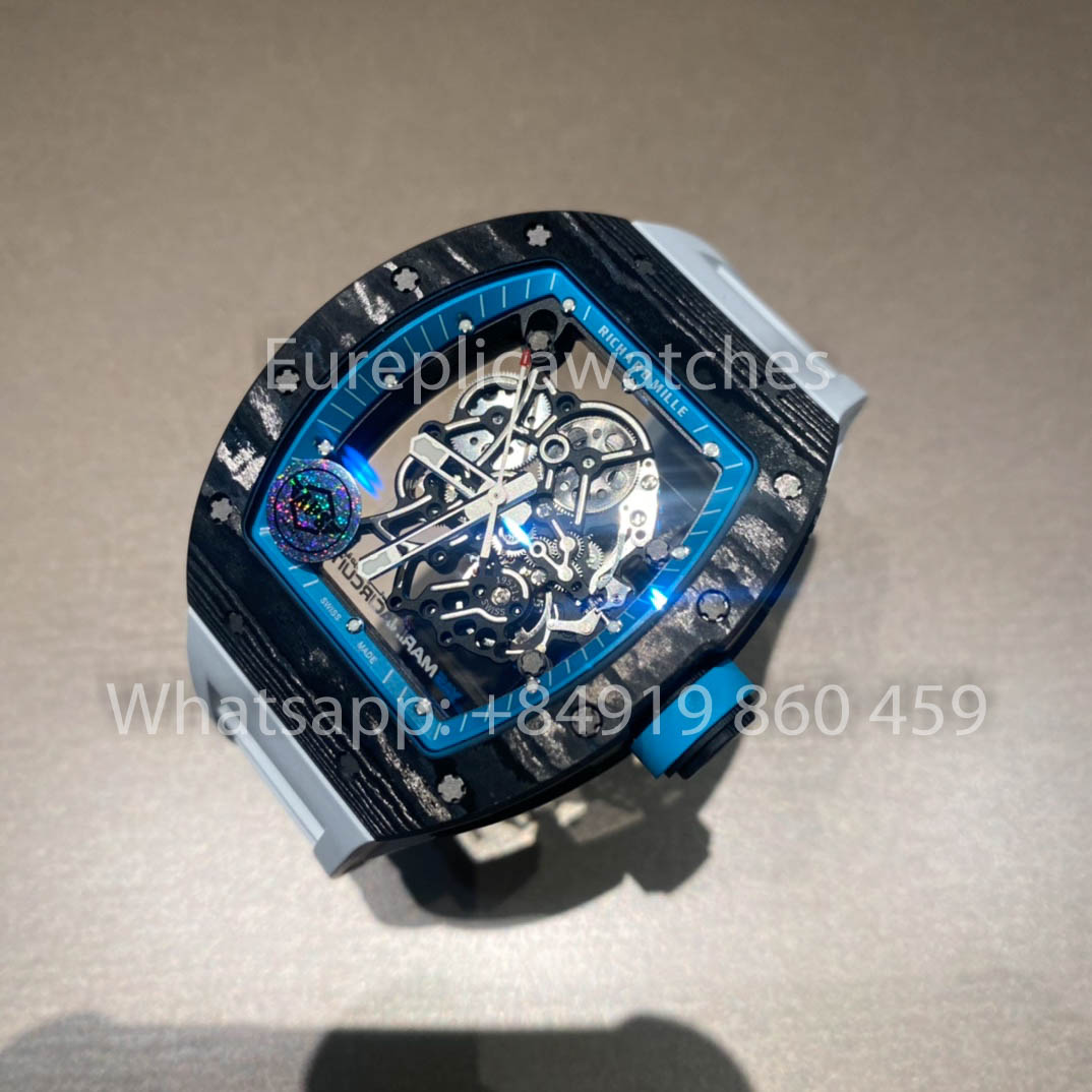 RICHARD MILLE RM055 fibra di carbonio Cassa 1:1 Best Clone APS Fabbrica quadrante blu Bianco cinturino