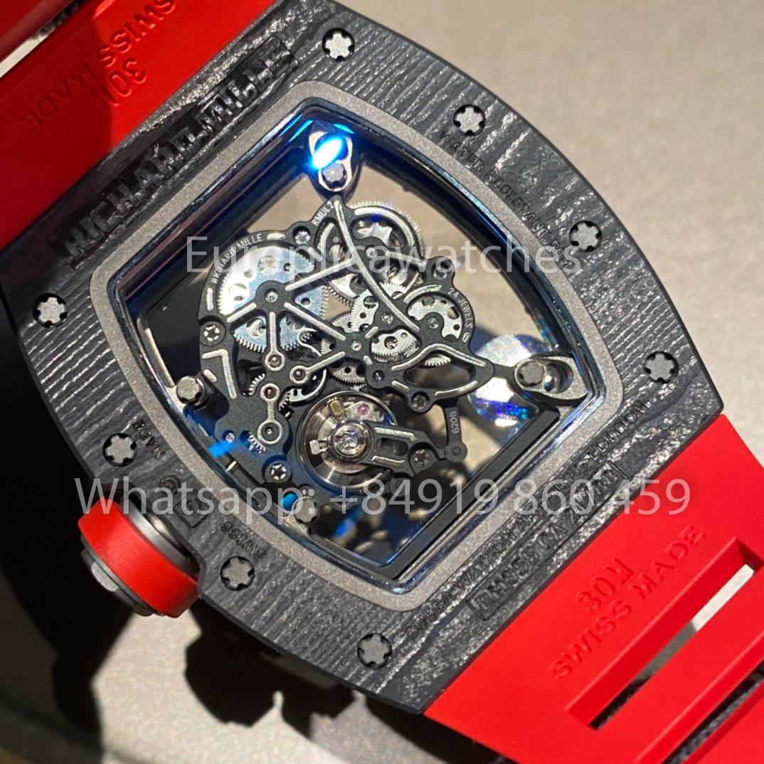 RICHARD MILLE RM055 fibra di carbonio Cassa 1:1 Best Clone APS Fabbrica Red Gomma cinturino