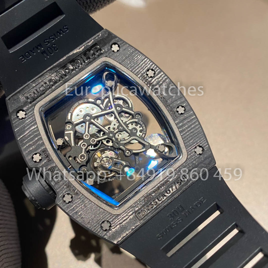 RICHARD MILLE RM055 fibra di carbonio Cassa 1:1 Best Clone APS Fabbrica quadrante blu Bianco cinturino
