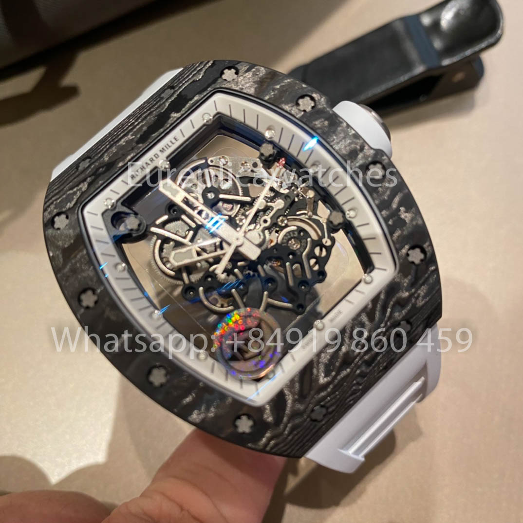 RICHARD MILLE  RM055  fibra di carbonio Cassa 1:1 Best Clone APS Fabbrica quadrante bianco Gomma cinturino