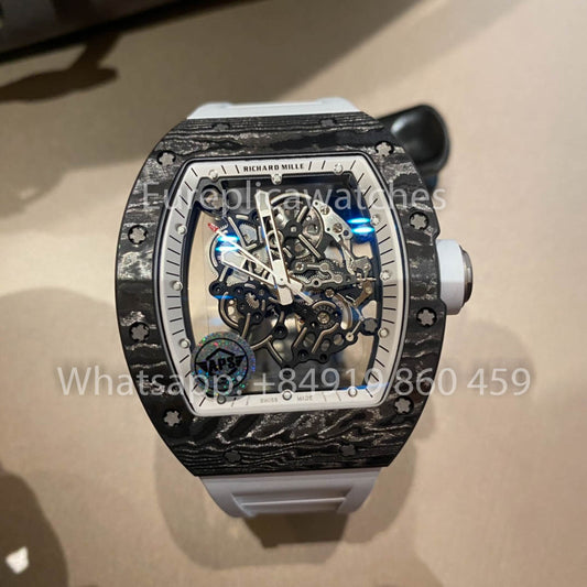 RICHARD MILLE  RM055  fibra di carbonio Cassa 1:1 Best Clone APS Fabbrica quadrante bianco Gomma cinturino