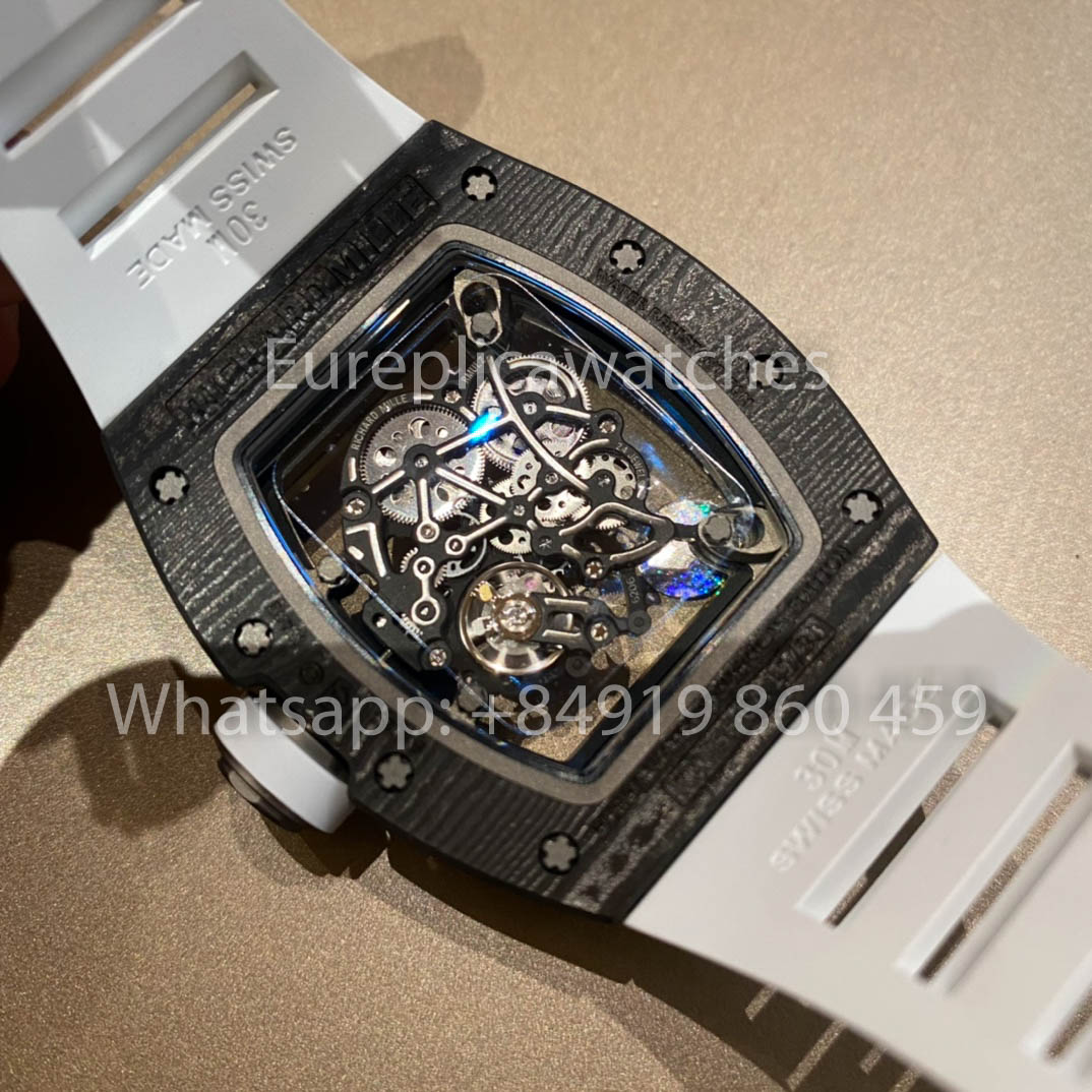 RICHARD MILLE  RM055  fibra di carbonio Cassa 1:1 Best Clone APS Fabbrica quadrante bianco Gomma cinturino