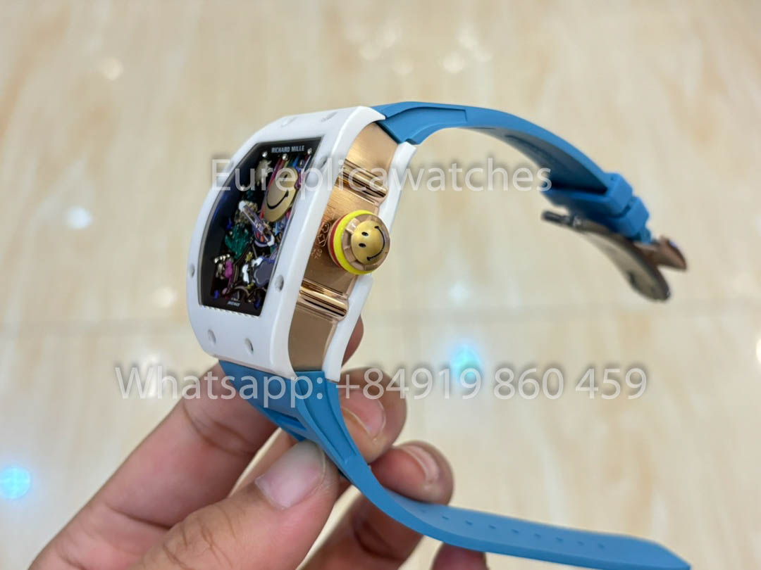 Richard Mille RM88 Smiley V2 Caixa de Cerâmica 1:1 Melhor Clone Azul Borracha Cinturino