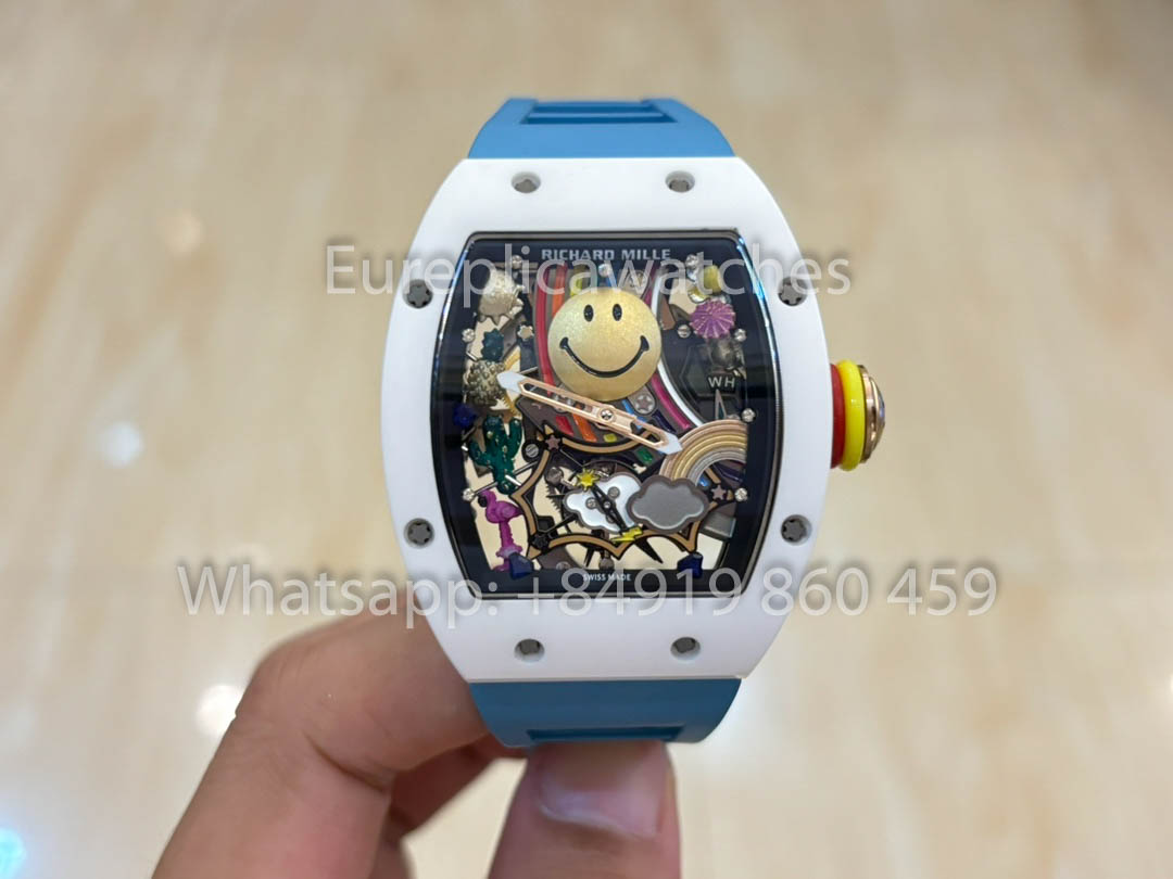 Richard Mille RM88 Smiley V2 Caixa de Cerâmica 1:1 Melhor Clone Azul Borracha Cinturino