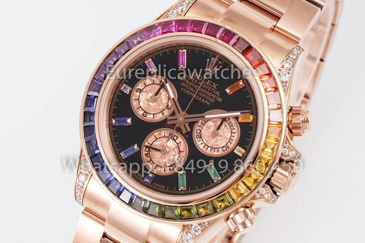 Rolex Daytona Rainbow Baguettes Rosa Oro quadrante nero 40mm 116595RBOW 1:1 Best Clone SSEF Fabbrica