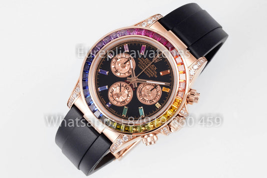 Rolex Daytona Rainbow Baguettes Rosa Oro quadrante nero 40mm 116595RBOW 1:1 Best Clone EF Fabbrica
