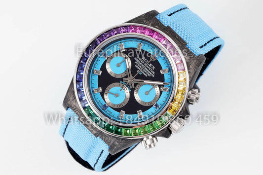 Rolex Daytona Carbonio Cassa Rainbow Blu 1:1 Melhor Clone Diw Velcro Cinturino Personalizado