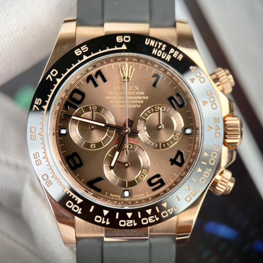 Rolex Daytona Rosa Oro Chocolate Arabic quadrante & lunetta in ceramica Oysterflex Gomma bracciale 116515LN