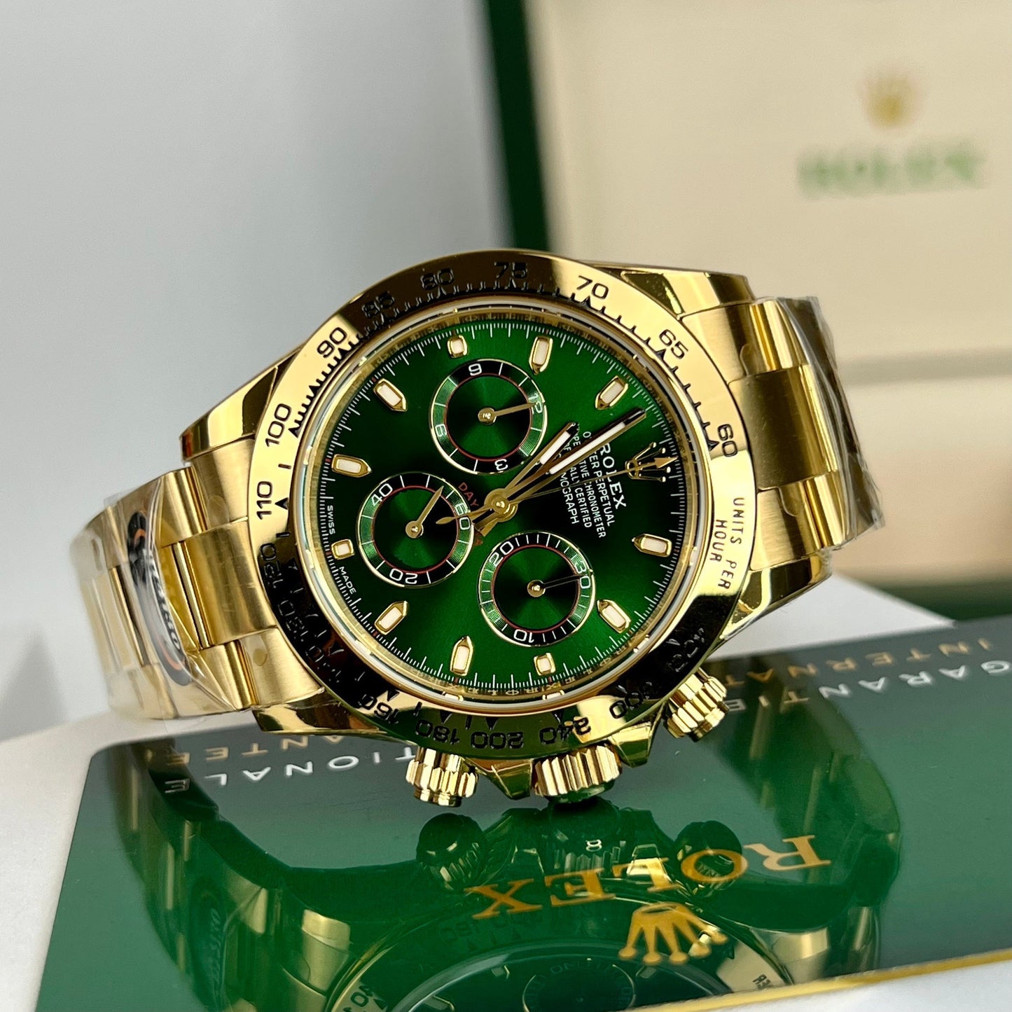 Rolex Yellow Oro Cosmograph Daytona 40 Watch Verde Arabic quadrante 116508 Coated 18k Yellow Oro