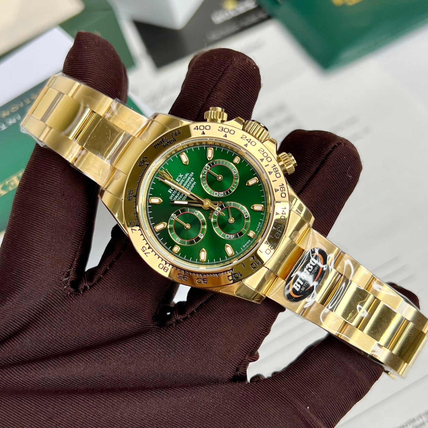 Rolex Yellow Oro Cosmograph Daytona 40 Watch Verde Arabic quadrante 116508 Coated 18k Yellow Oro