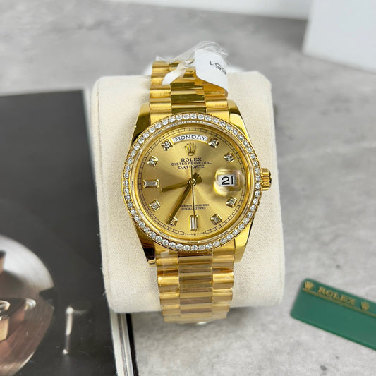 Rolex Day-Date 128238-0008 Watch 36mm coated 18k with lunetta Moissanite