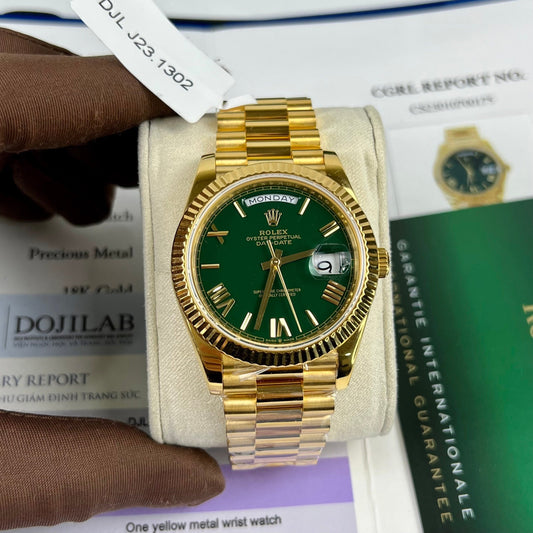 Rolex DayDate 40mm 228238 coated 18k Yellow Oro President quadrante verde 130 gram