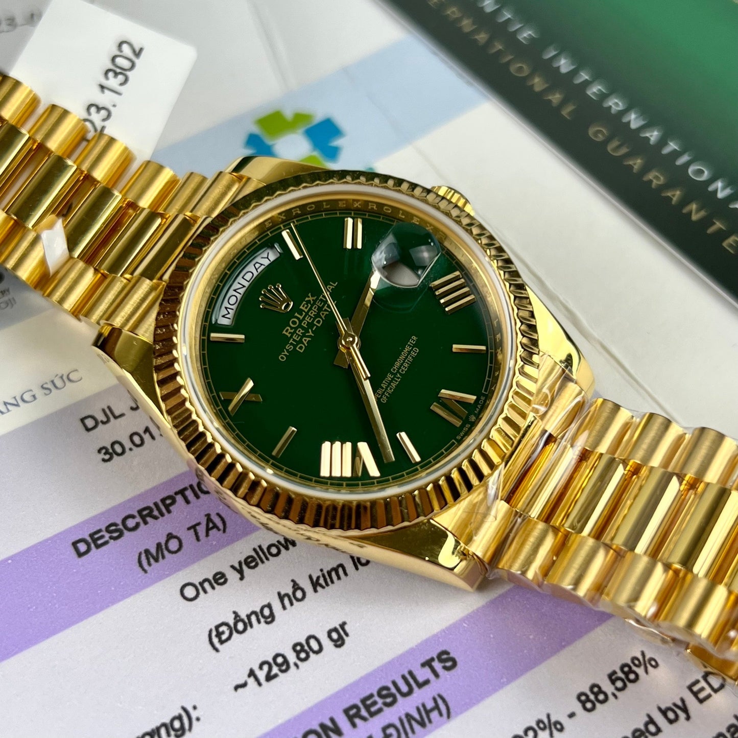 Rolex DayDate 40mm 228238 coated 18k Yellow Oro President quadrante verde 130 gram