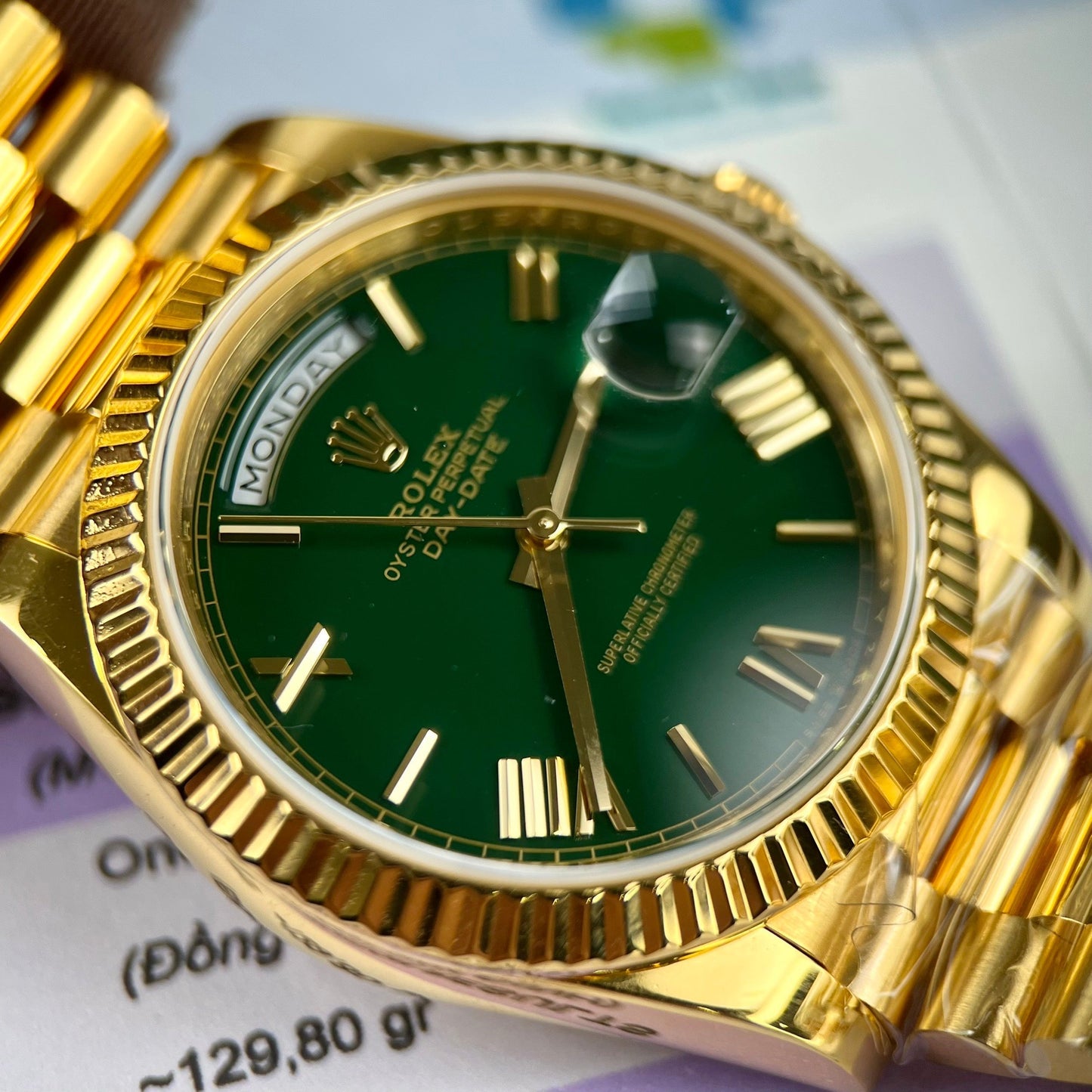 Rolex DayDate 40mm 228238 coated 18k Yellow Oro President quadrante verde 130 gram