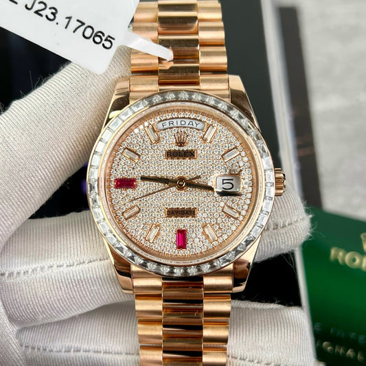Rolex Day-Date 36mm Everose Oro 128345RBR coated 18k with full Moissanite